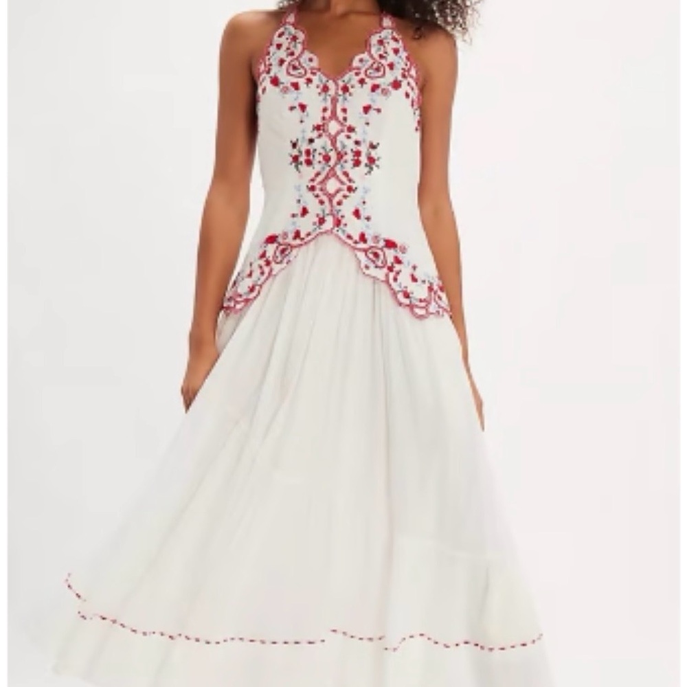 Free People White Maxi Cotton Dress with Red Embroidery - Picture 6 of 15